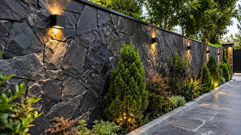نمای دیوار باغ اجرا شده با سنگ لاشه ورقه ای مشکی