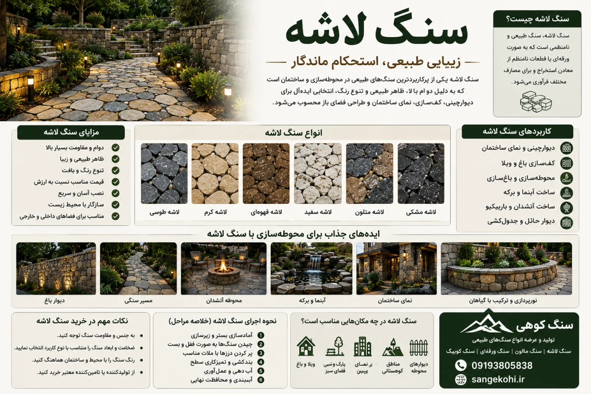 سنگ لاشه یکی از پرکاربردترین انواع سنگ طبیاست که  مهم ترین کاربردها:  دیوار باغی و ویلا کف سازی و سنگفرش نمای ساختمان بیت ساخت آبنما و برکه آتشدان و باربیکیو دیوار حائل مسیرهای سنگی باغ  مزایای سنگ:  دوام و مقاومت بالا ظاهر کاملاً طبیعی رنگ و بافت مناسب برای فضای داخلی و خارجی قابلیت ترکیب با سنگ مالون، کوبیک و ورقه‌ای مناسب برای طراحی های روستیک و طبیعی